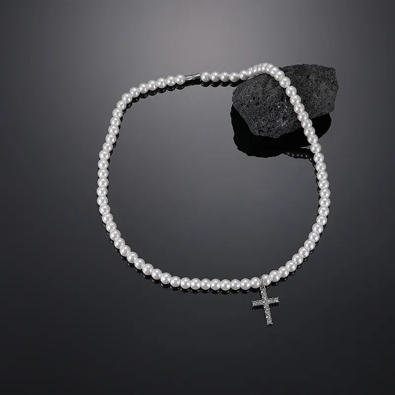 Collar Perlas Cruz Acero Titanio