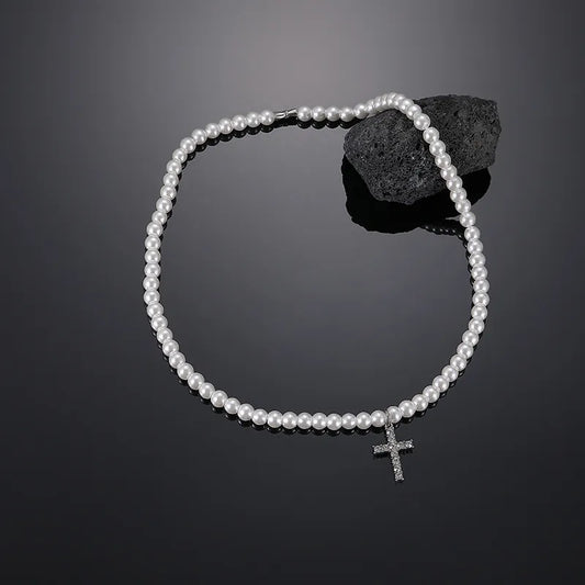 Collar Perlas Cruz Acero Titanio