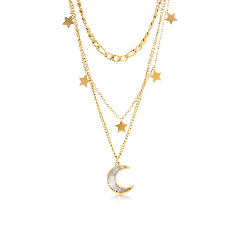 Collar Triple Estrella Luna Acero Inoxidable
