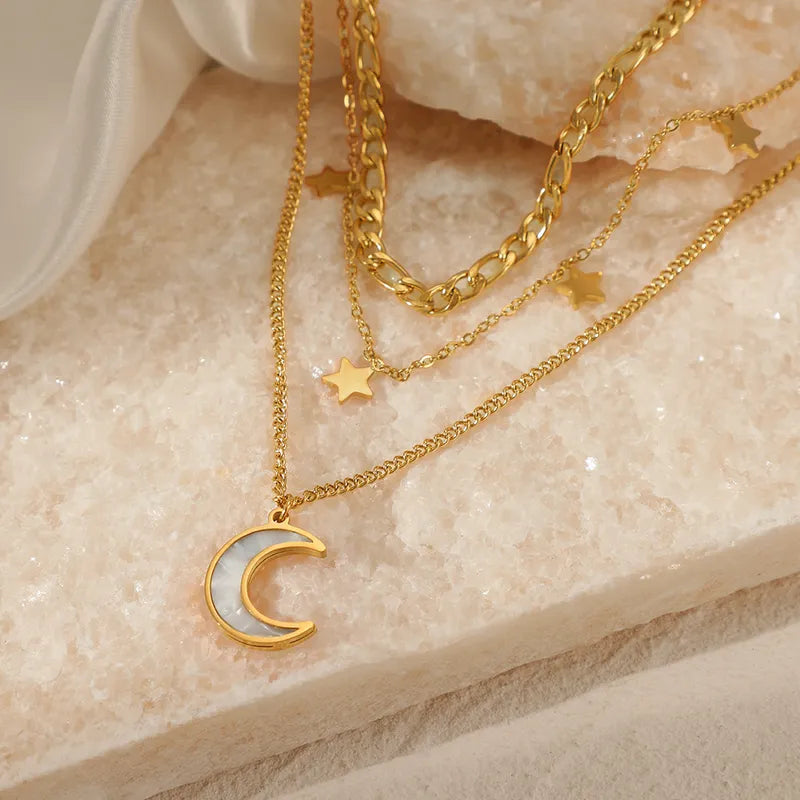 Collar Triple Estrella Luna Acero Inoxidable