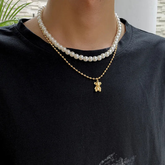 Collar Doble Perlas Oso Dorado
