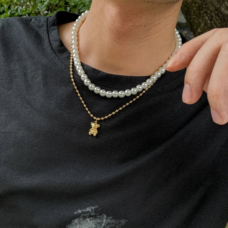 Collar Doble Perlas Oso Dorado