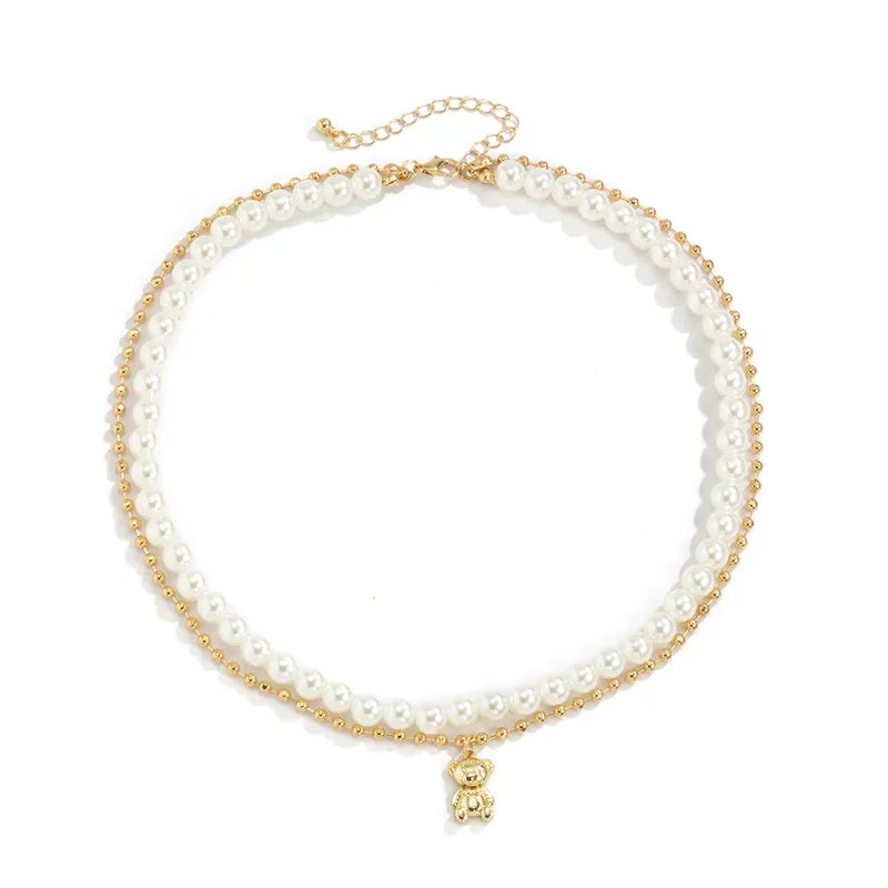 Collar Doble Perlas Oso Dorado