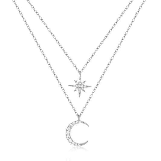 Collar Doble Luna Estrella Plata De Ley 925