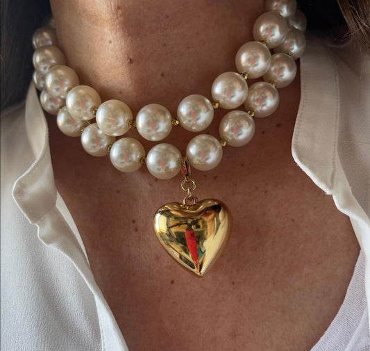 Collar Doble Perlas Corazón Dorado
