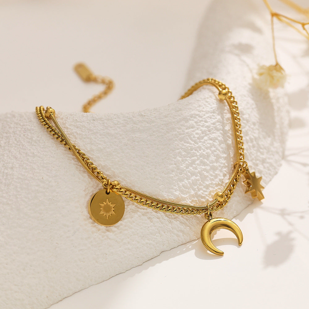 Pulsera Doble Estrella Luna Acero Titanio