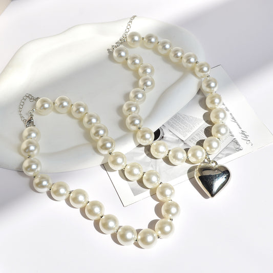 Collar Doble Perlas Corazón Plateado