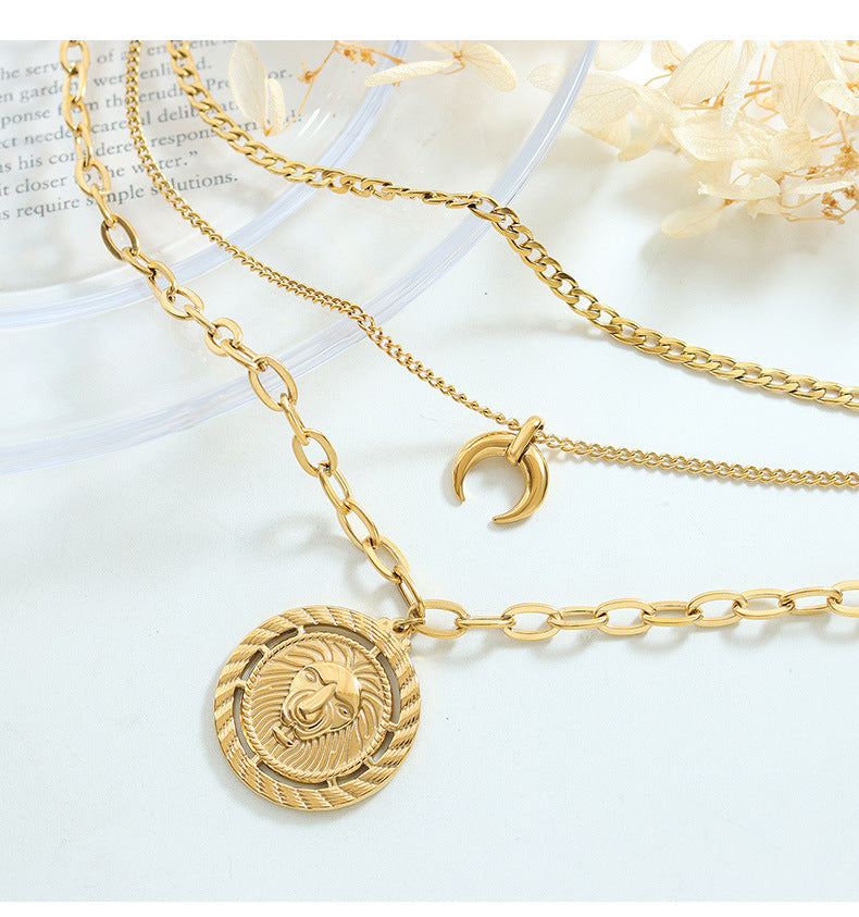 Collar Triple León Luna Acero Inoxidable