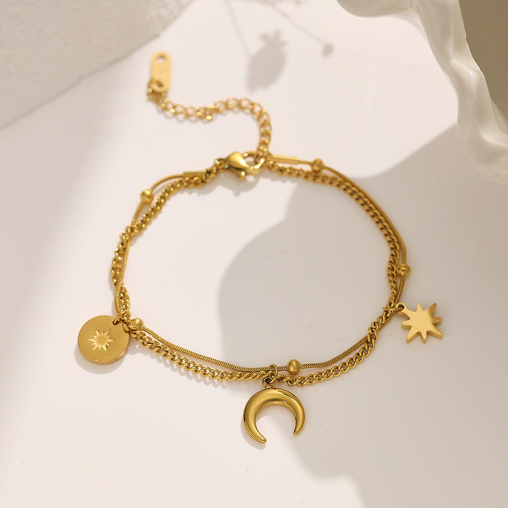 Pulsera Doble Estrella Luna Acero Titanio