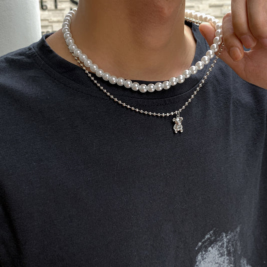 Collar Doble Perlas Oso Plateado