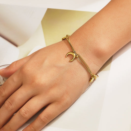 Pulsera Doble Estrella Luna Acero Titanio