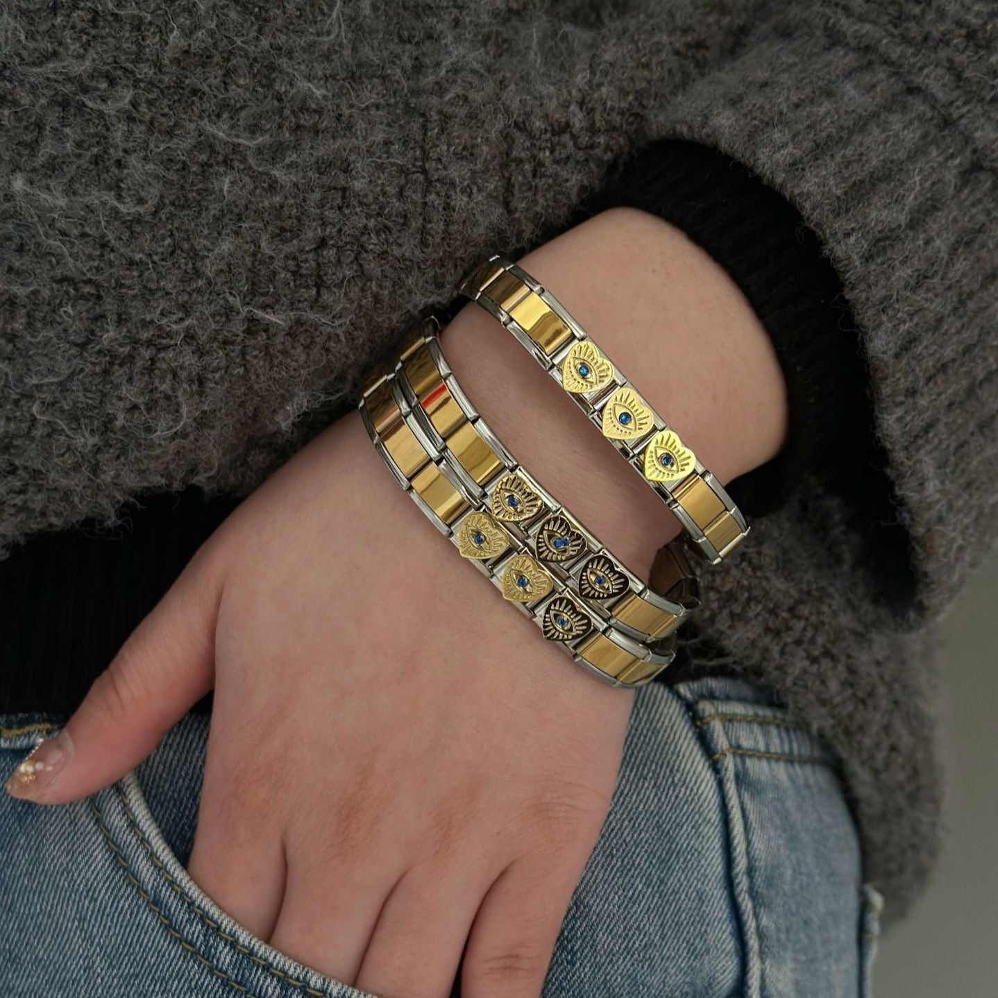 Pulsera Italiana Corazón Ojo Acero Inoxidable