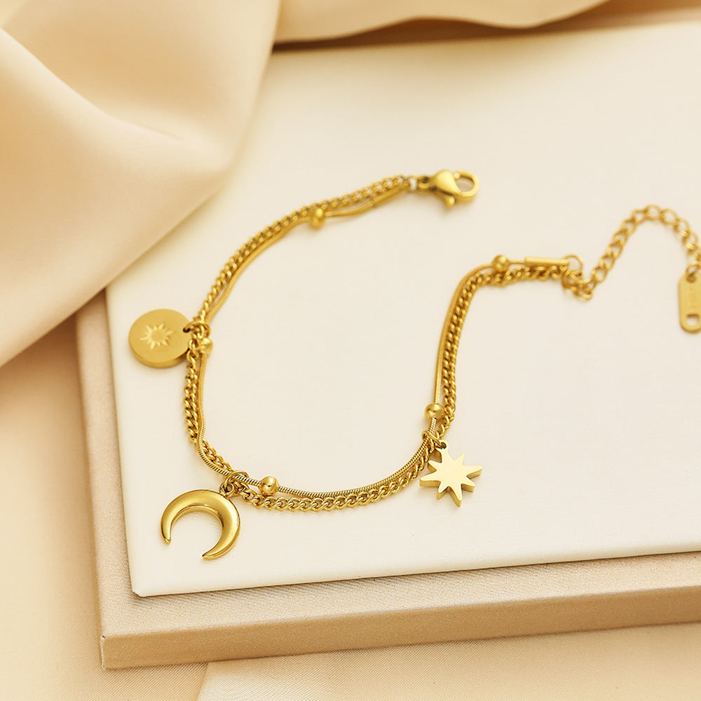 Pulsera Doble Estrella Luna Acero Titanio