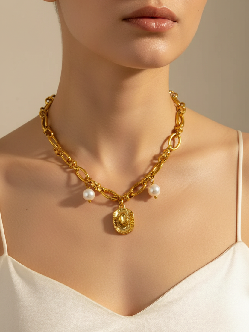Collar Sombrero Perlas Acero Inoxidable