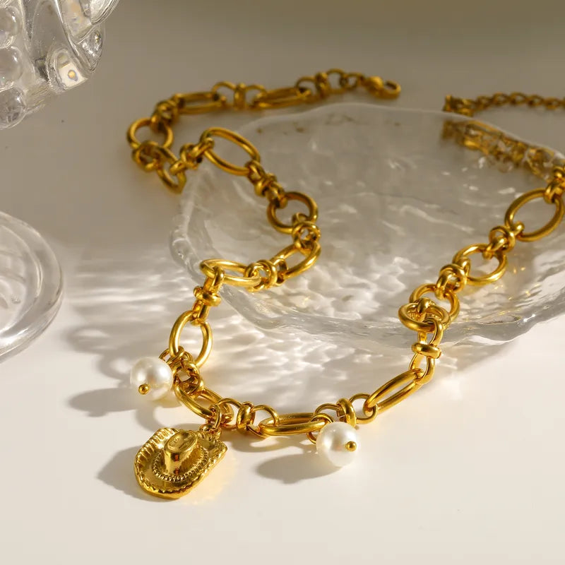 Collar Sombrero Perlas Acero Inoxidable