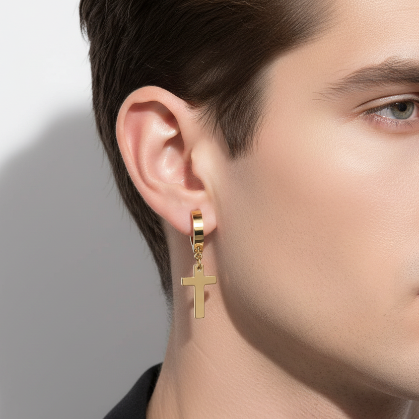 Aretes Cruz Dorado Acero Titanio