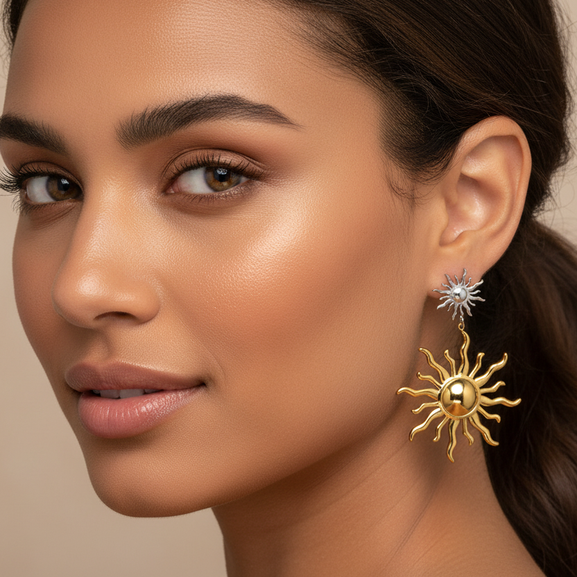 Aretes Bicolor Sol Acero Inoxidable