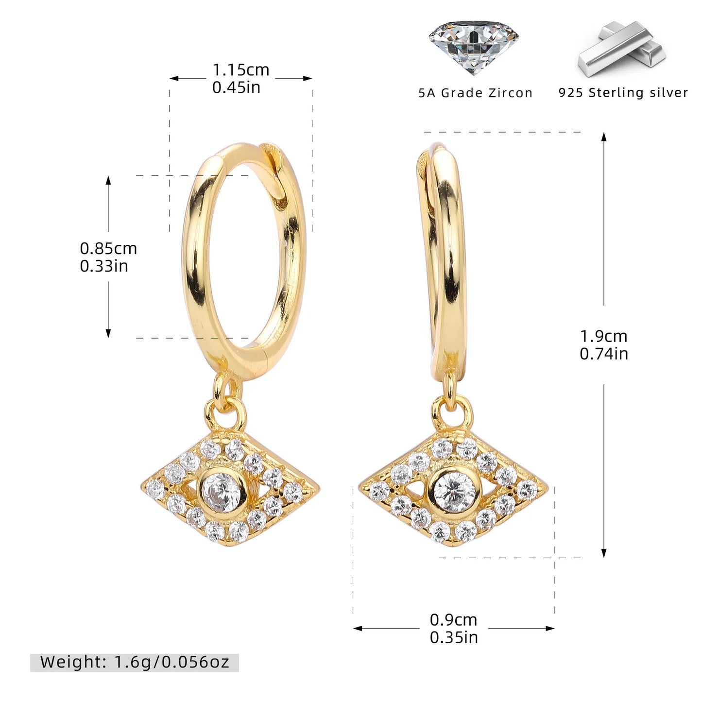 Aretes Ojo Dorado Plata Esterlina S925