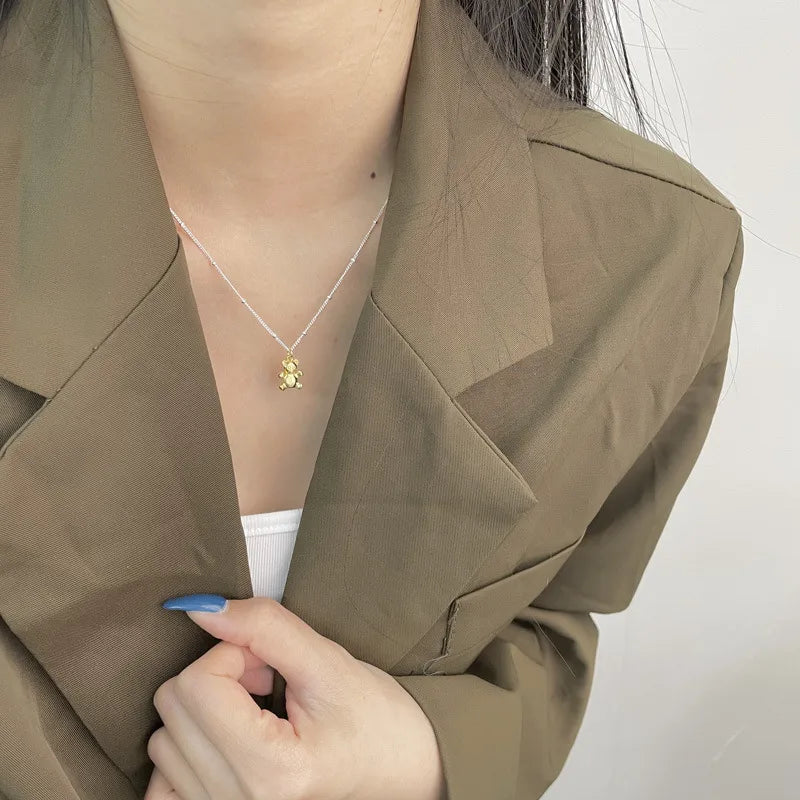 Collar Oso Bicolor Plata De Ley 925