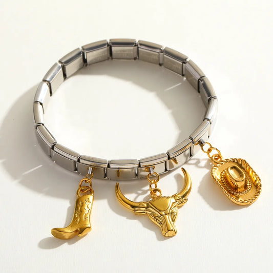 Pulsera Italiana Sombrero Bota Cabeza Buey Acero Inoxidable