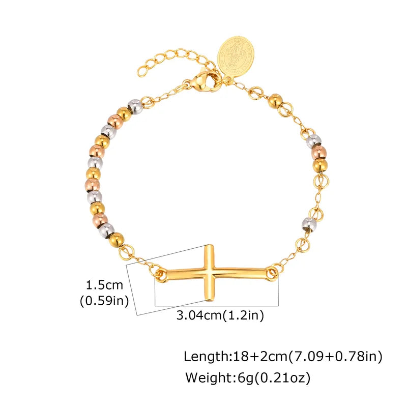Pulsera Cruz Bolitas Bicolor Acero Inoxidable