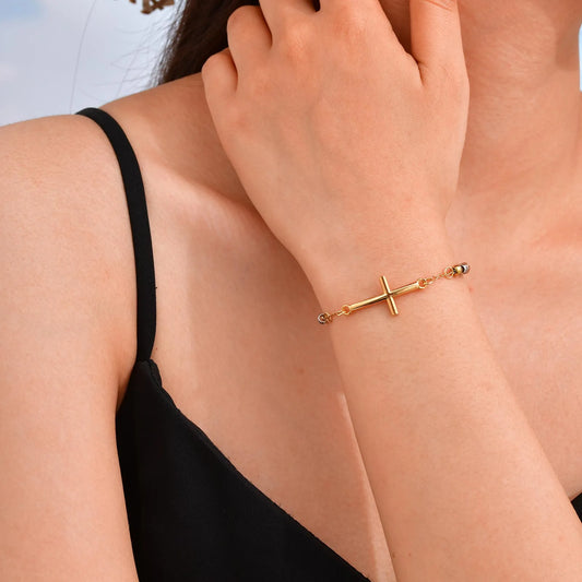 Pulsera Cruz Bolitas Bicolor Acero Inoxidable