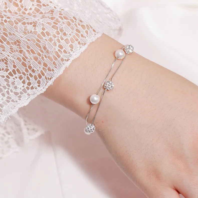 Pulsera Doble Perlas Circón Plata 925