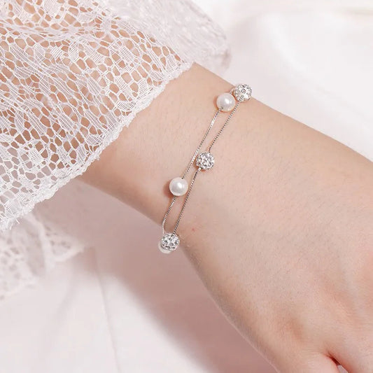 Pulsera Doble Perlas Circón Plata 925