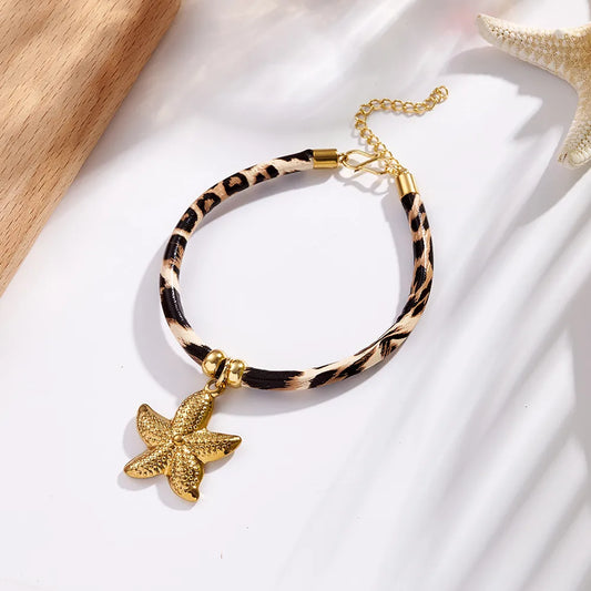 Pulsera Cuero Leopardo Estrella Acero
