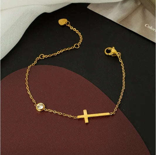 Pulsera Cruz Circón Acero Inoxidable
