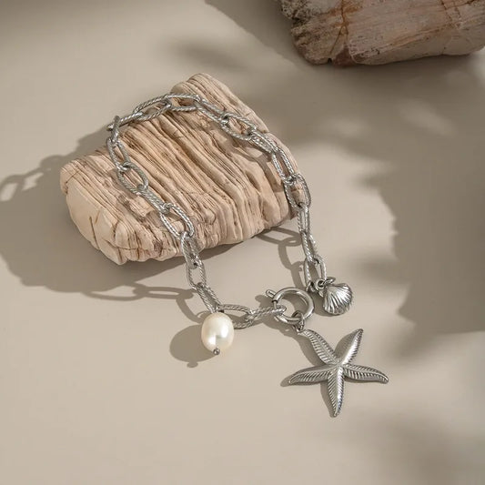 Pulsera Perla Estrella De Mar Acero Inoxidable