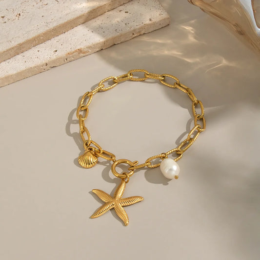 Pulsera Perla Estrella De Mar Acero Inoxidable