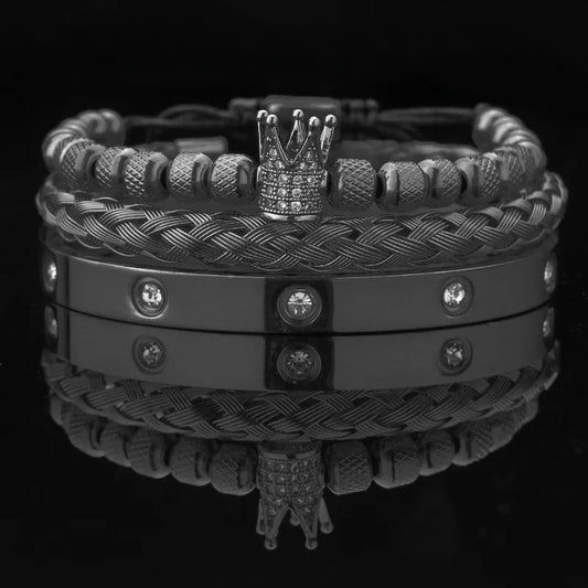 Set Pulseras Negras Corona Acero Titanio