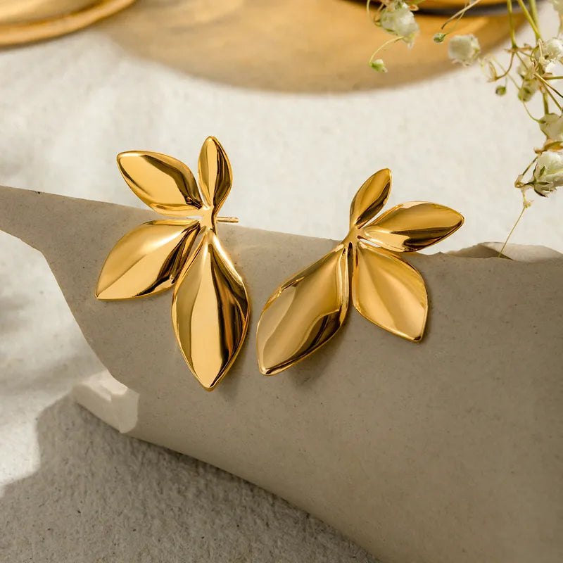Aretes Hojas Dorado Acero Inoxidable