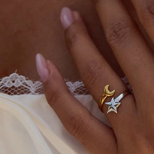 Anillo Bicolor Estrella Luna Acero Inoxidable