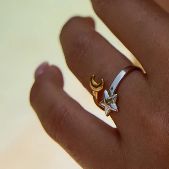 Anillo Bicolor Estrella Luna Acero Inoxidable
