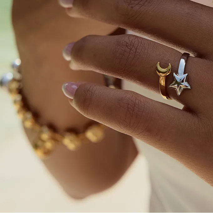 Anillo Bicolor Estrella Luna Acero Inoxidable