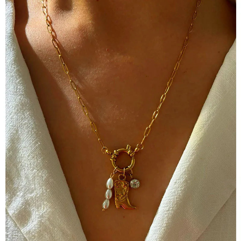 Collar Bota Perlas Acero Inoxidable