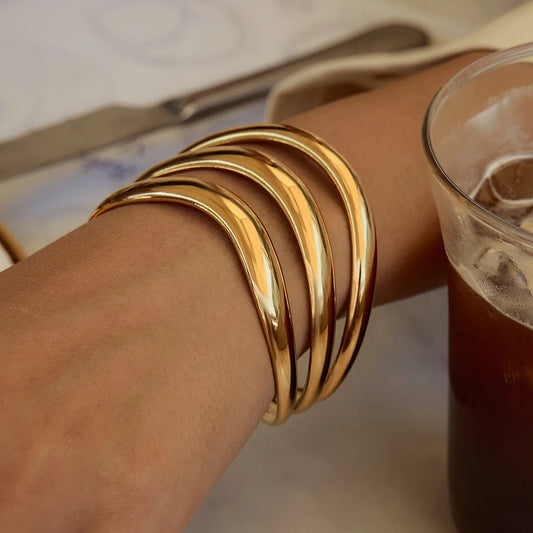 Pulsera Ondas Triple Dorada Acero Inoxidable