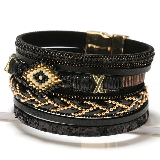 Pulsera Gruesa Retro Ojo Cuero Sintético Aleación