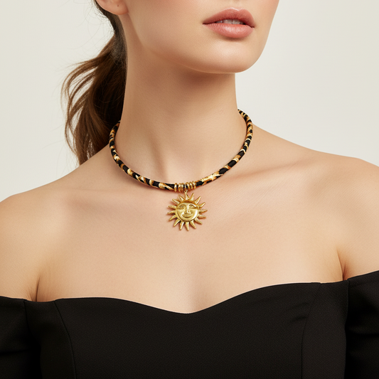 Collar Sol Tela Leopardo Acero Inoxidable