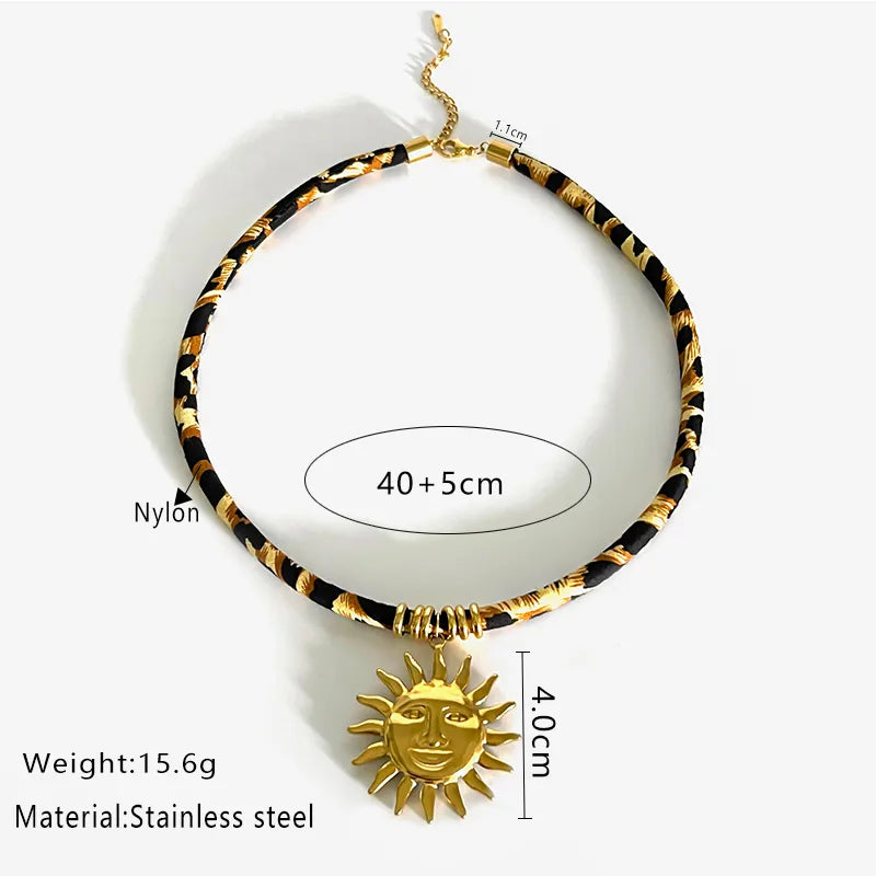 Collar Sol Tela Leopardo Acero Inoxidable