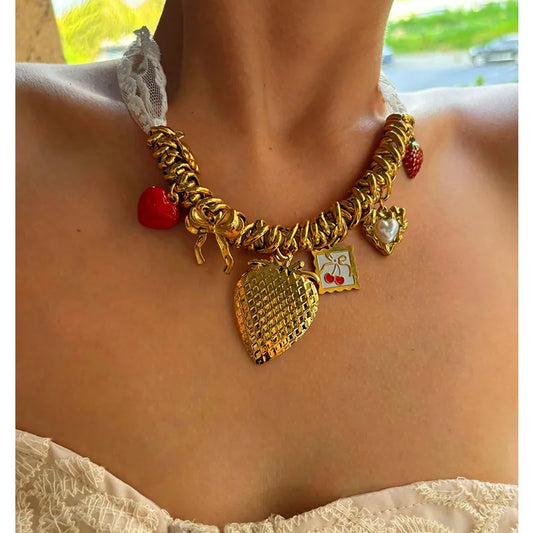 Collar Corazón Rojo Fresa Moño Acero Inoxidable