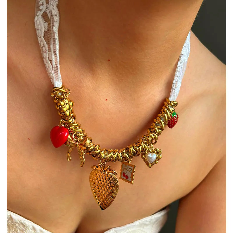 Collar Corazón Rojo Fresa Moño Acero Inoxidable