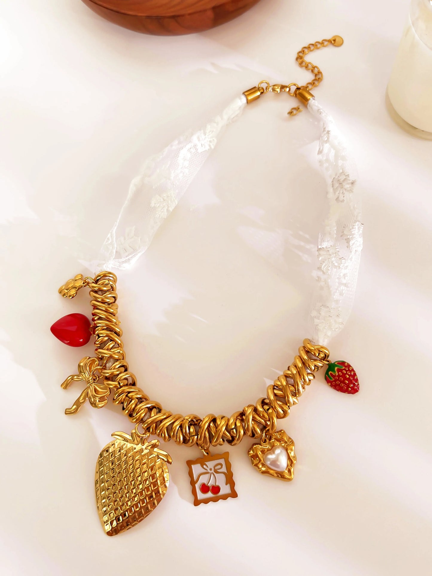 Collar Corazón Rojo Fresa Moño Acero Inoxidable