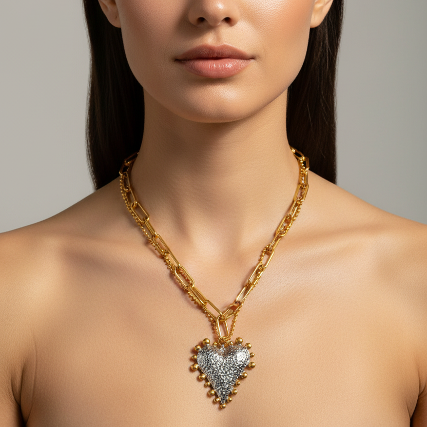 Collar Bicolor Corazón Acero Inoxidable