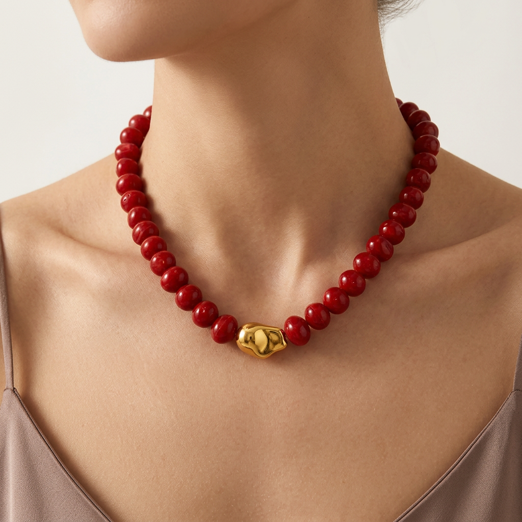 Collar Bolas Rojo Acrílico Acero Inoxidable