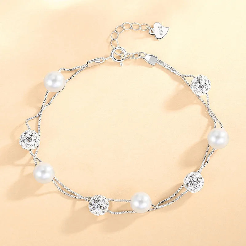 Pulsera Doble Perlas Circón Plata 925