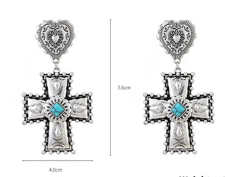 Aretes Cruz Corazón Turquesa Aleación