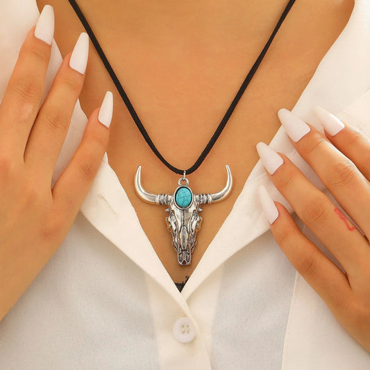Collar Cabeza Toro Turquesa Cuerda Aleación